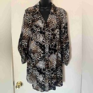 Leopard Print Longline Button-Up Shirt - Brown/Black